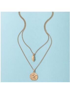Layered Gold Leaf and Textured Disc Necklace - Women's Jewelry